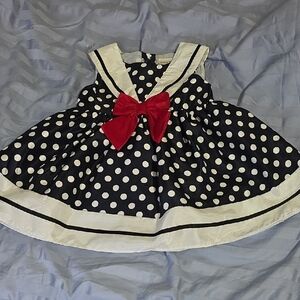 Navy Polka Dot Dress with Red Bow